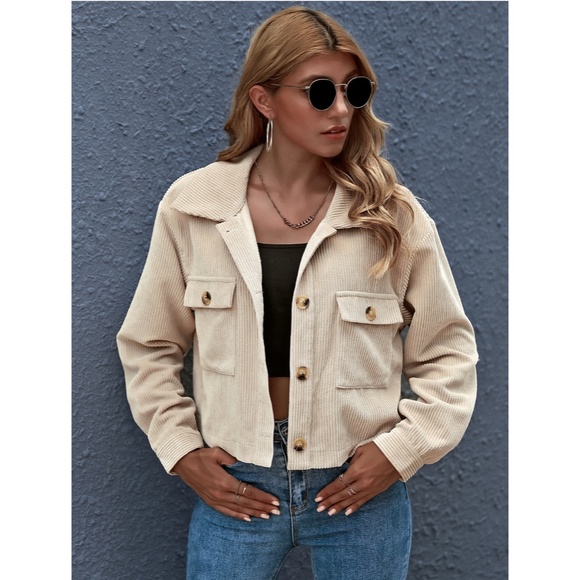 Beige Corduroy Crop Style Button Front Jacket - Picture 7 of 8